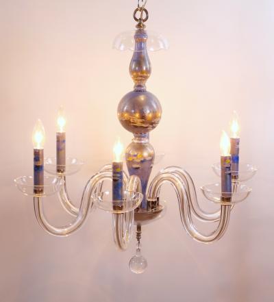 Monet water Lilies Blue Silvered Decoupage Glass Chandelier