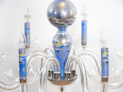 Monet water Lilies Blue Silvered Decoupage Glass Chandelier