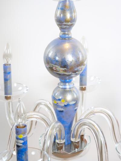 Monet water Lilies Blue Silvered Decoupage Glass Chandelier