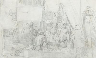 Montague Dawson Montague Dawson pencil sketch on paper of Trawler Men sorting the catch