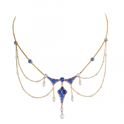 Montana Sapphire Seed Pearl and Diamond Garland Necklace