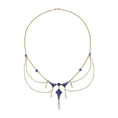 Montana Sapphire Seed Pearl and Diamond Garland Necklace