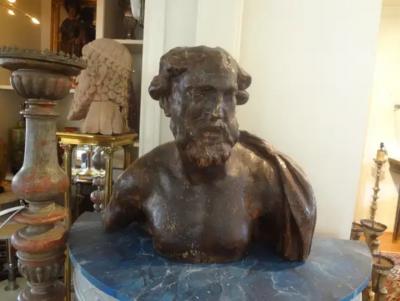 Monumental 17th Century Italian Baroque Carved Wood Bust