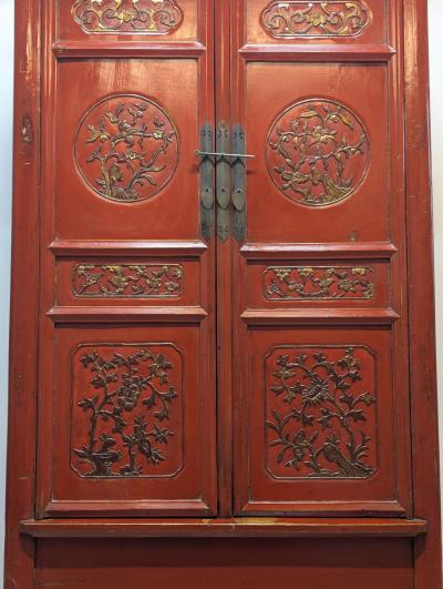 Monumental 19th Century Chinese Fujian Red Lacquer Gilt Tapered Cabinet