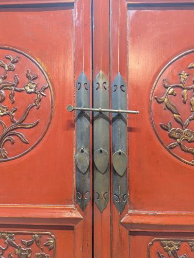 Monumental 19th Century Chinese Fujian Red Lacquer Gilt Tapered Cabinet