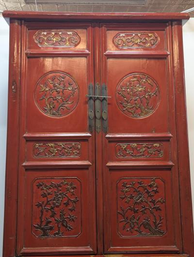 Monumental 19th Century Chinese Fujian Red Lacquer Gilt Tapered Cabinet