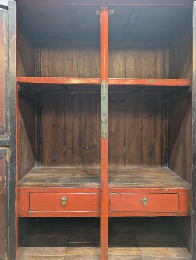 Monumental 19th Century Chinese Fujian Red Lacquer Gilt Tapered Cabinet