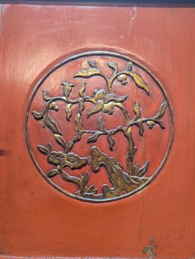 Monumental 19th Century Chinese Fujian Red Lacquer Gilt Tapered Cabinet