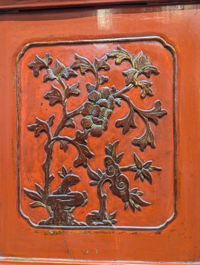 Monumental 19th Century Chinese Fujian Red Lacquer Gilt Tapered Cabinet