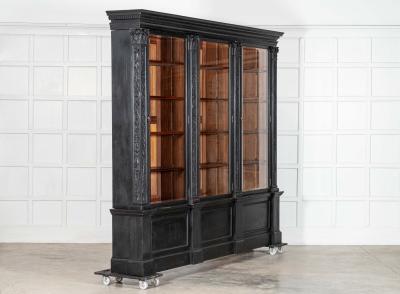 Monumental 19thC Ebonised English Mahogany Breakfront Library Bookcase