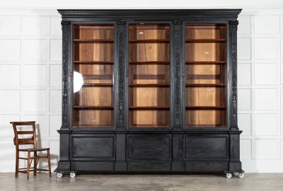 Monumental 19thC Ebonised English Mahogany Breakfront Library Bookcase