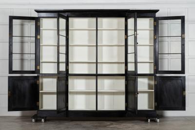 Monumental 19thC English Ebonised Mahogany Glazed Breakfront Bookcase