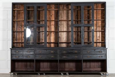 Monumental 19thC English Ebonised Pine Housekeepers Haberdashery Cabinet