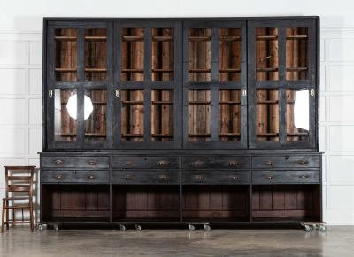 Monumental 19thC English Ebonised Pine Housekeepers Haberdashery Cabinet