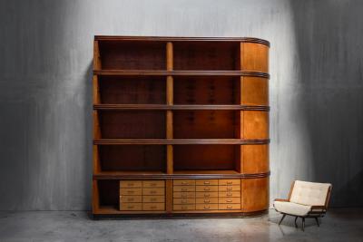 Monumental Art Deco Display Corner Cabinet with Drawers Italy Mid 20th Century