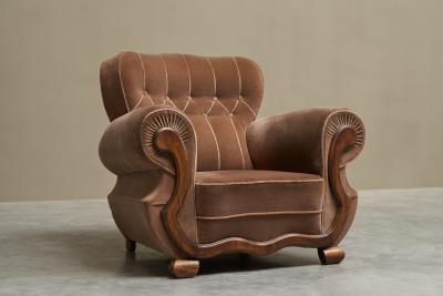 Monumental Art Deco Lounge Chair in Velvet and Oak 1930s