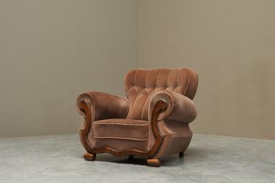 Monumental Art Deco Lounge Chair in Velvet and Oak 1930s