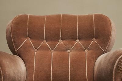 Monumental Art Deco Lounge Chair in Velvet and Oak 1930s