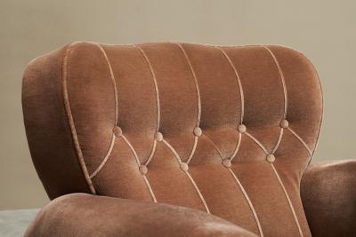 Monumental Art Deco Lounge Chair in Velvet and Oak 1930s