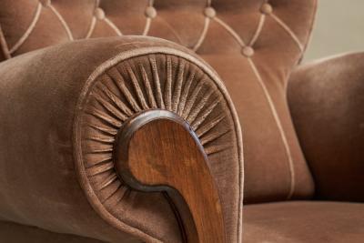 Monumental Art Deco Lounge Chair in Velvet and Oak 1930s
