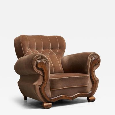 Monumental Art Deco Lounge Chair in Velvet and Oak 1930s