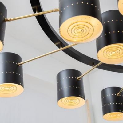 Monumental Brass and Black Enameled Chandelier