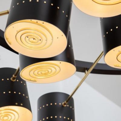 Monumental Brass and Black Enameled Chandelier