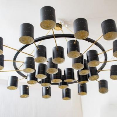 Monumental Brass and Black Enameled Chandelier