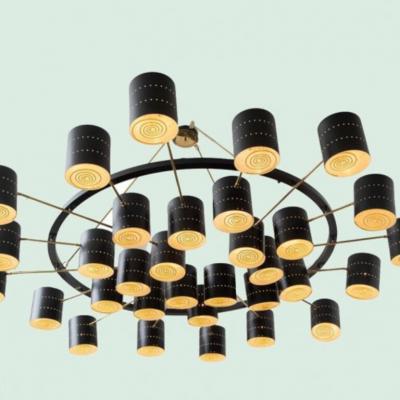 Monumental Brass and Black Enameled Chandelier
