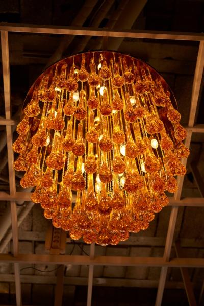 Monumental Brass and Murano Glass Tear Drop Flush Mount attr to Barovier Toso