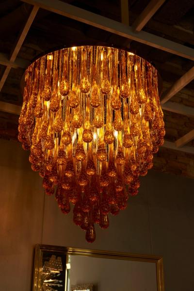 Monumental Brass and Murano Glass Tear Drop Flush Mount attr to Barovier Toso