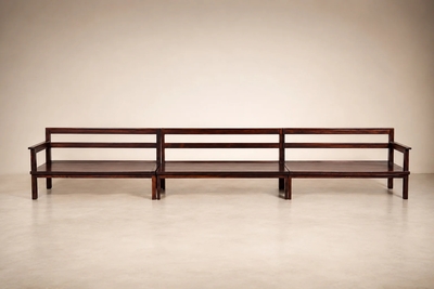 Monumental Brazilian Modern Three Module Bench in Rosewood and Warm Camel Mohair