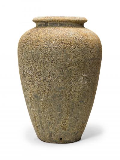Monumental Cast Iron Outdoor Tapered Urn Vase with Beige and Brown Patina