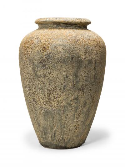 Monumental Cast Iron Outdoor Tapered Urn Vase with Beige and Brown Patina