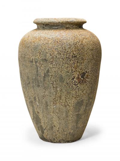 Monumental Cast Iron Outdoor Tapered Urn Vase with Beige and Brown Patina