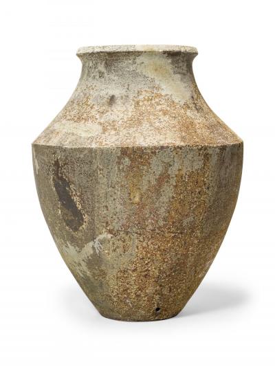 Monumental Cast Iron Outdoor Urn Vase with Beige and Brown Patina