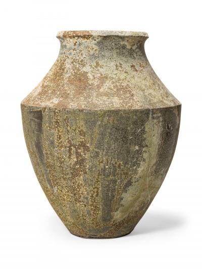 Monumental Cast Iron Outdoor Urn Vase with Beige and Brown Patina