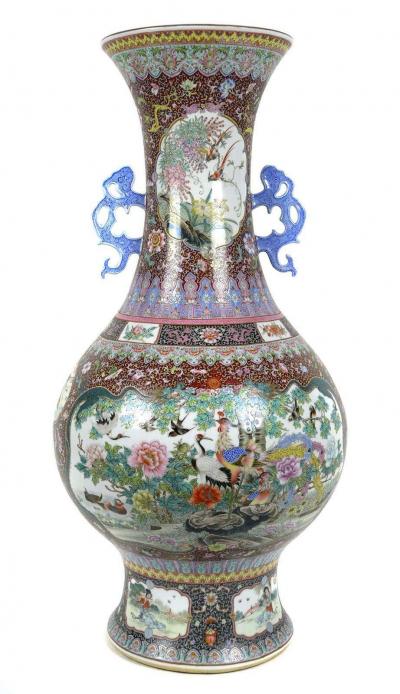 Monumental Chinese Famille Rose Porcelain Peacock Palace Vase