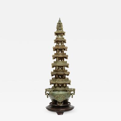 Monumental Chinese Green Translucent Jade Carved Pagoda Censer 19th Century