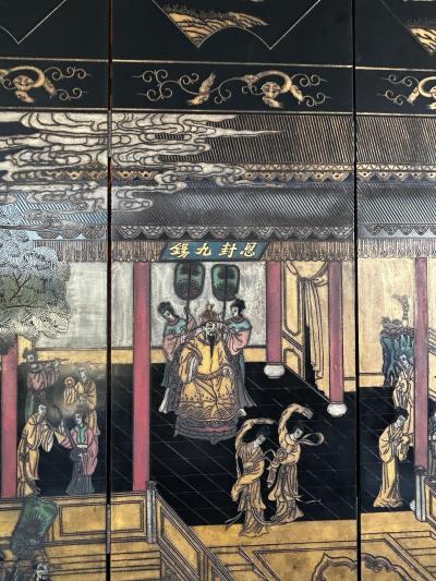 Monumental Chinese Lacquered 8 Panel Coromandel Screen Depicting Court Scenes
