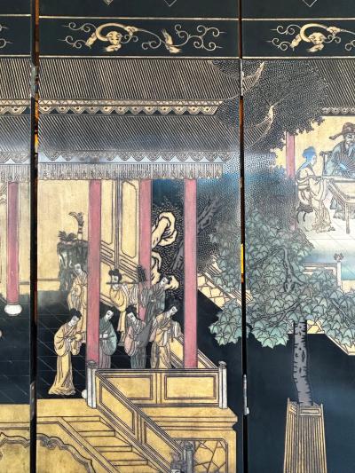Monumental Chinese Lacquered 8 Panel Coromandel Screen Depicting Court Scenes