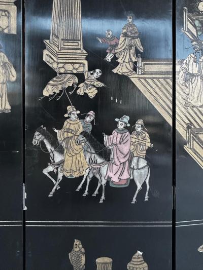 Monumental Chinese Lacquered 8 Panel Coromandel Screen Depicting Court Scenes