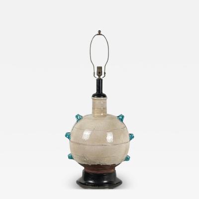 Monumental Cream and Turquoise Glazed Ceramic Lamp