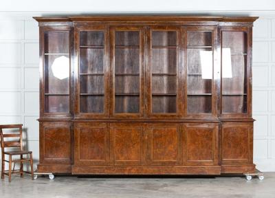 Monumental English Burr Walnut Breakfront Bookcase