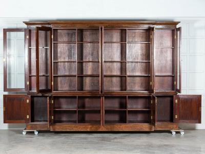 Monumental English Burr Walnut Breakfront Bookcase