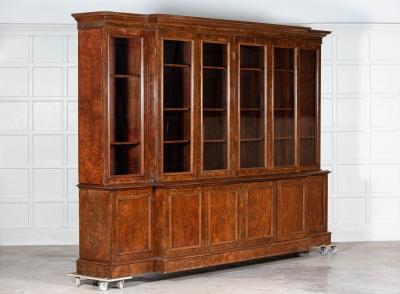Monumental English Burr Walnut Breakfront Bookcase