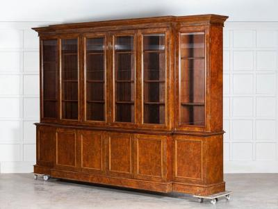 Monumental English Burr Walnut Breakfront Bookcase
