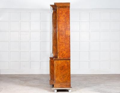 Monumental English Burr Walnut Breakfront Bookcase
