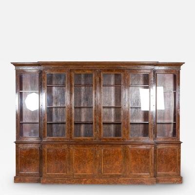 Monumental English Burr Walnut Breakfront Bookcase