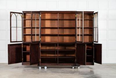 Monumental English Early 19thC Astral Arch Glazed Mahogany Breakfront Bookcase